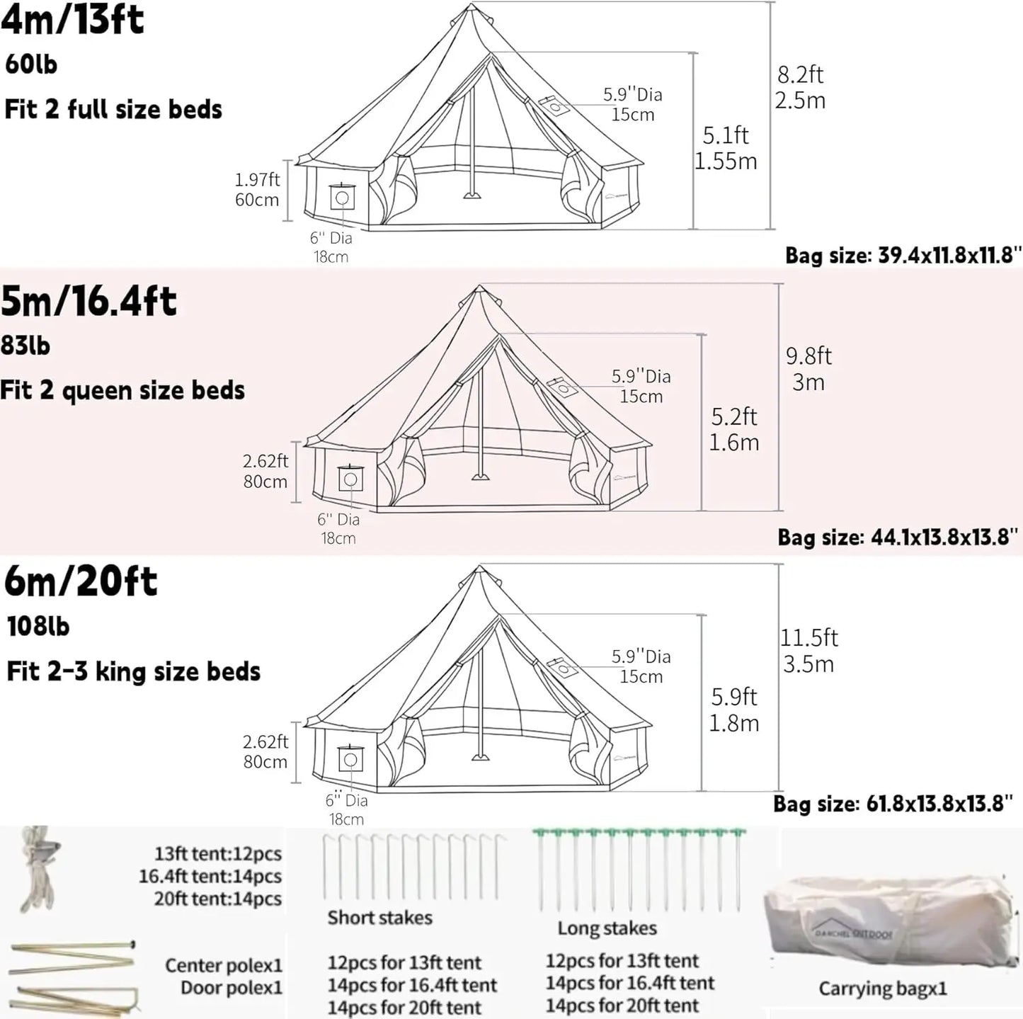 USA Warehouse B5 Cotton Canvas Bell Tent with Stove Jack 4/5/6m Waterproof  Hot Tent Glamping Houses in Winter Large Yurt Tent