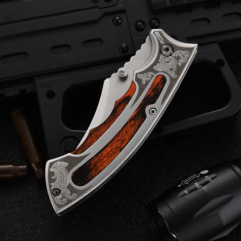 Samurai in Your Pocket: 3" Razor-Sharp 8CR13 Steel Blade Folding Knife – Laser-Etched Steel/Wood Hybrid Handle, Thumb Stud Magic