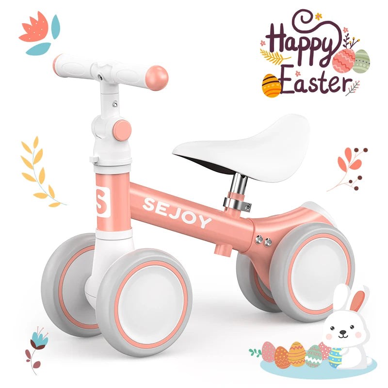 SEJOY Baby Balance Bike Ride Toy for 1-3 Year Adjustable Seat,,Pedal-free 4-Wheels Baby Toddler, Sturdy Steel Frame, Non-Slip Handles, Soft PU Seat, Indoor Outdoor Play, First Birthday Gift for Toddler Boys Girls