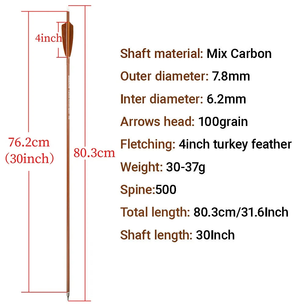 Archery Arrows 12pcs 31.5 Inch Spine 500 Mixed Carbon ID6.2mm Turkey Feathers for Recurve Bow Target Shooting Practice