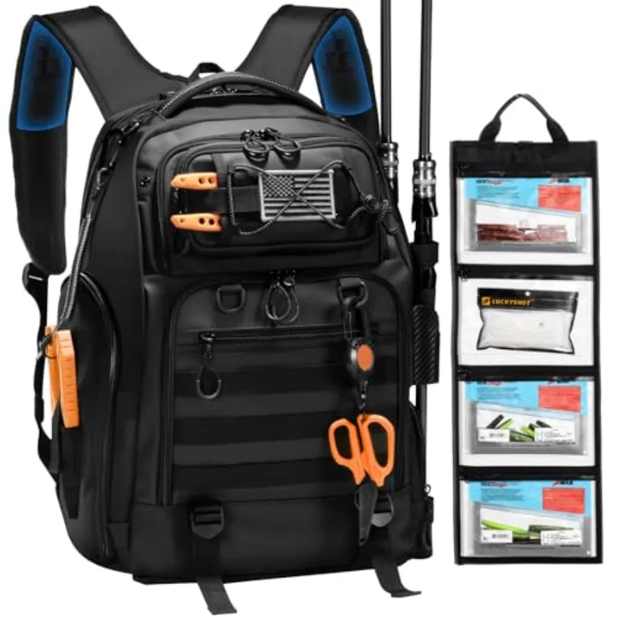50L Fishing Tackle Backpack with Removable Lure Wraps, Include 4 3600 Tackle Boxes, 2 Rod Holders Storage Fishing Gear and Equi