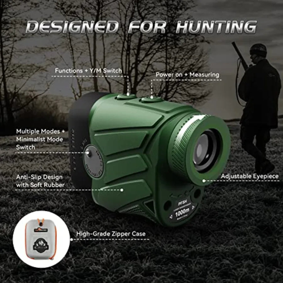 PFSH 1100 Yards Hunting/Golf Rangefinder with Slope Switch 7.5 Large View Angle Hunt Range Finder Supports Rain and Fog Mode He