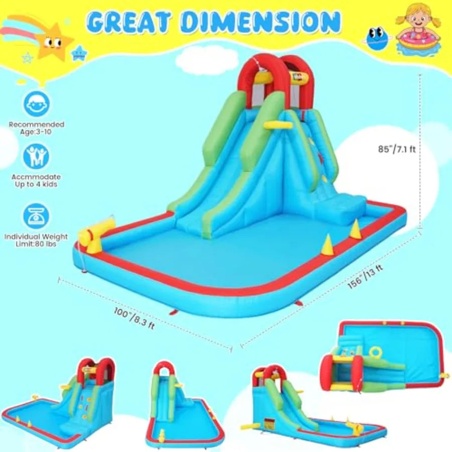 Inflatable Water Slide for:PVC, Blue, 8-in-1 Compact Backyard Outdoor Water Park with Long Slide, Ring Toss, Basketball Hoop, W