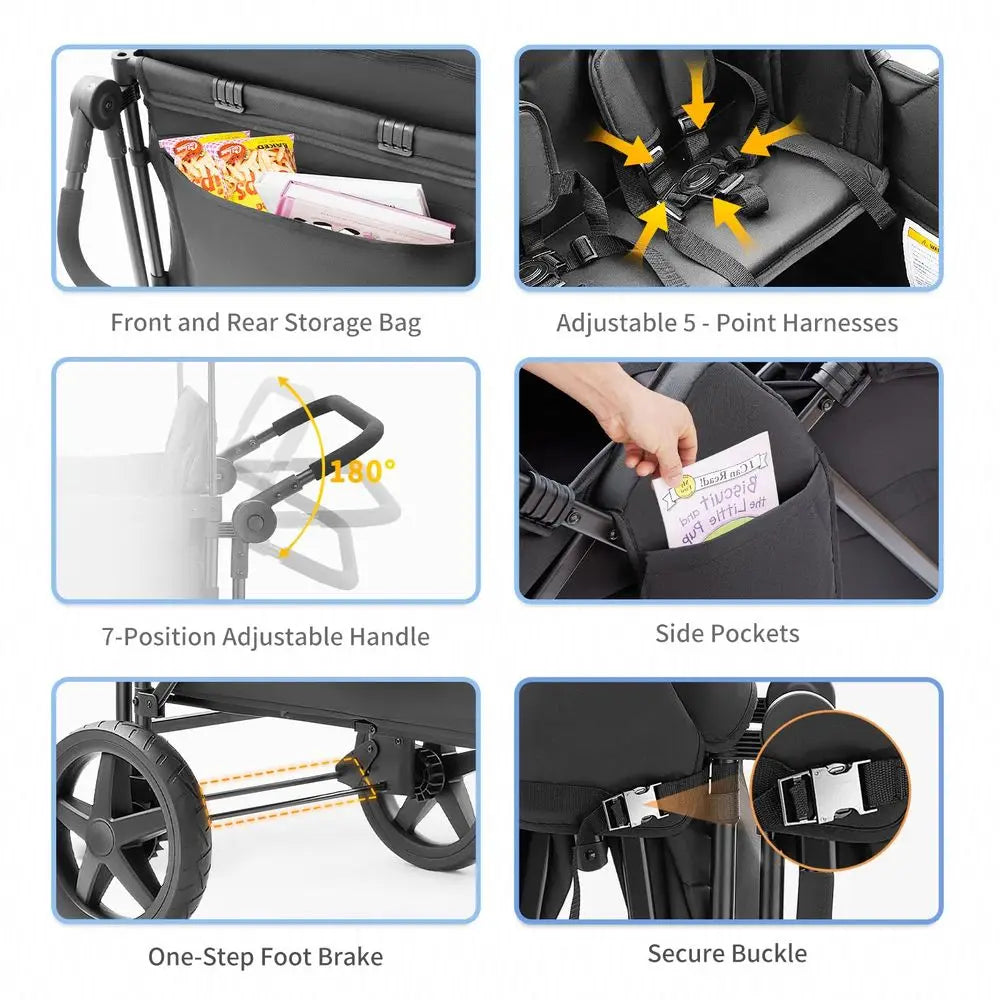 Wagon for 4 Kids, 4 Seater Wagon Stroller Featuring 4 High Seat with 5Point Harnesses and Adjustable Canopy, Foldable Double Pu