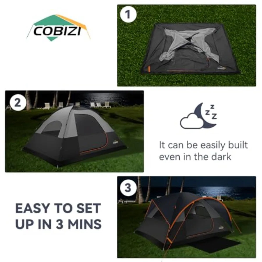 Camping tent for family use, polyester fabric, green, spacious interior with 3500mm waterproof double-layer windproof design