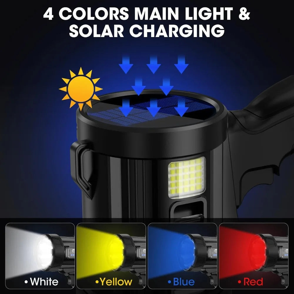2000000 Lumens Rechargeable Spotlight, Super Bright Handheld LED Flashlight with COB Light & Solar Panel for Boating Camping
