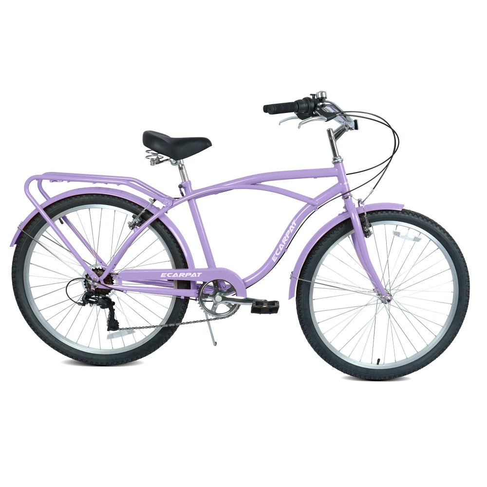 26 Inch 7-Speed Beach Cruiser Bike for Men & Women, High-Tensile Steel Frame, Lightweight Alloy Wheels, Front & Rear V-Brakes, Multiple Colors, Leisure & City Commuting Bicycle
