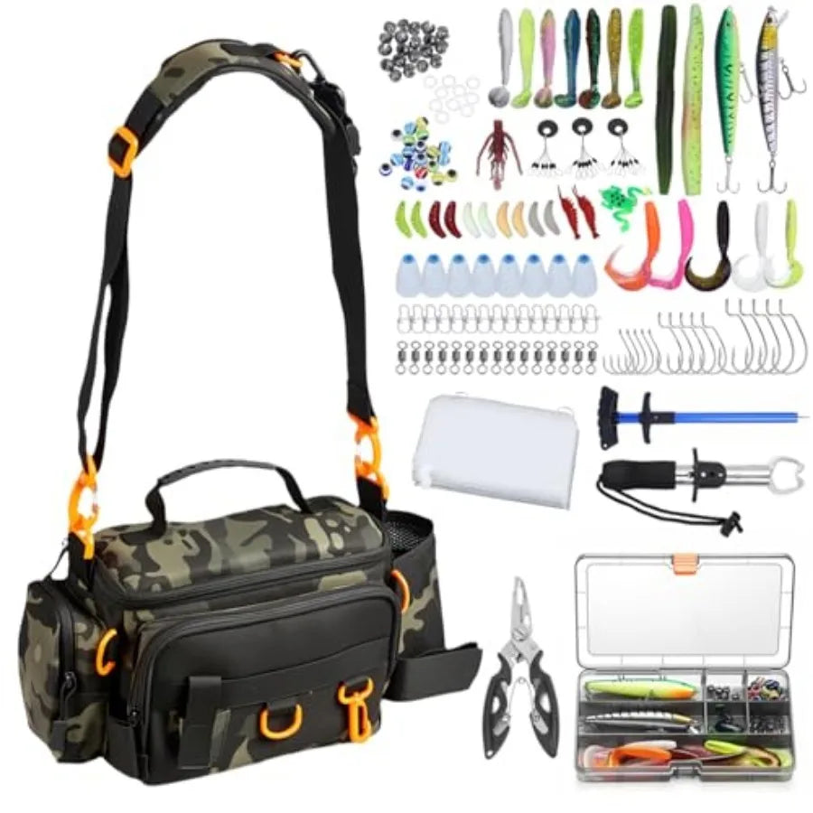 Fishing Tackle Bags with Tackle Box, Waterproof, Padded Shoulder Strap, Gear Storage, Fish Bag with 136 Pcs Fishing Lures Kit,
