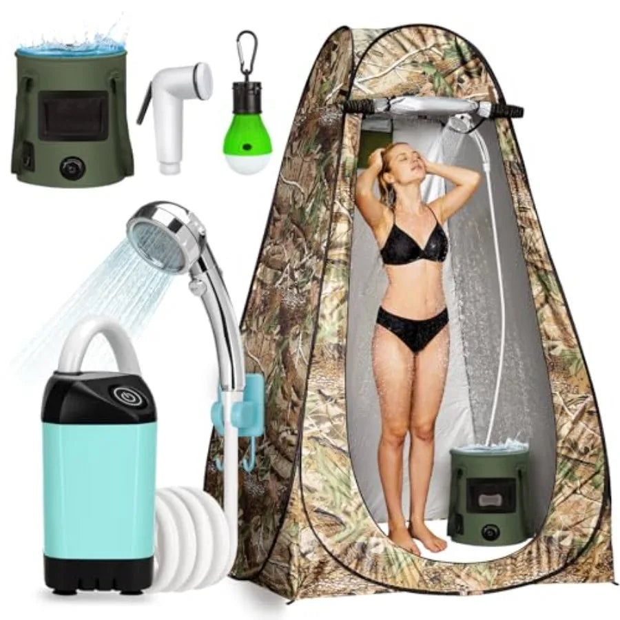 Outdoor camping shower tent: portable pop-up privacy tent with LED lights, 4500mAh rechargeable pump, filtered shower head, 7.4