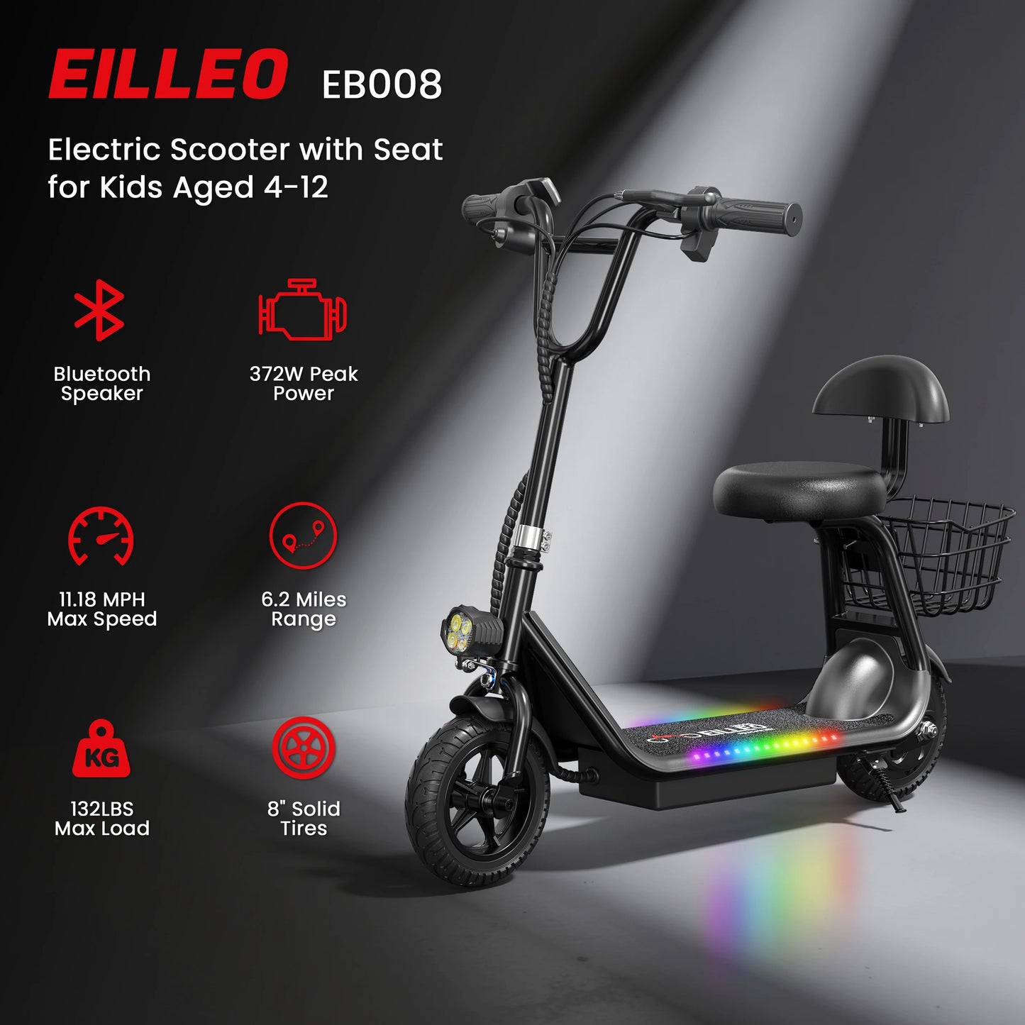 Spacewalk Kids Electric Scooter with Bluetooth Speaker Foldable Design Seat Carry Basket LED Light Strip 11MPH Speed 132lbs Max