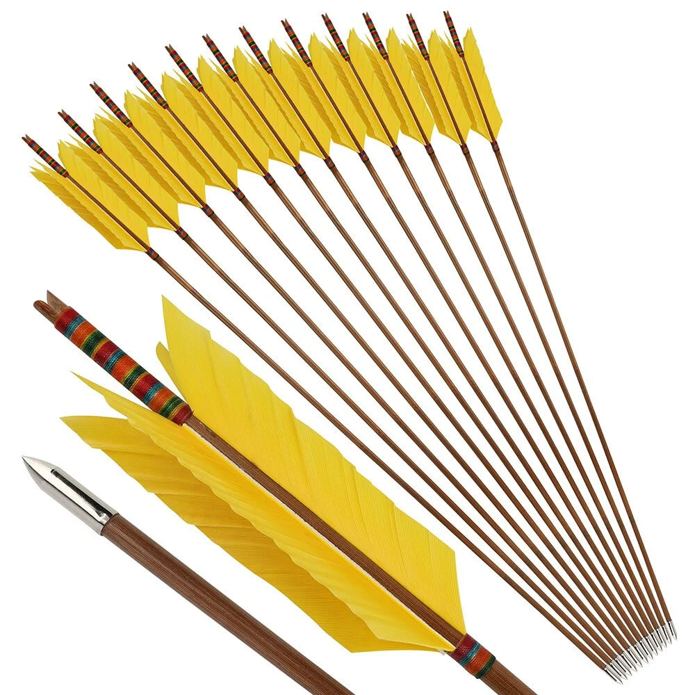 Bamboo Arrows 12pcs 33.4" OD 8mm with 4" Turkey Feather Slotted Nock 6 Color Archery Arrows for Traditional Longbow Compound Recurve Bow Hunting Shooting Target Practice Accessories