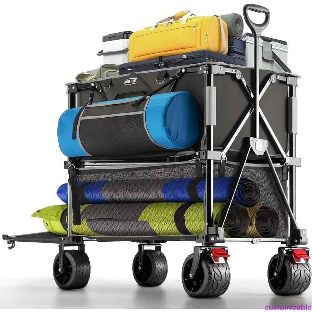 Overmont 400L Expandable Double Deck Wagon - Extra Large Folding Utility Cart with 47 Extendable Handle - All-Terrain Large Whee