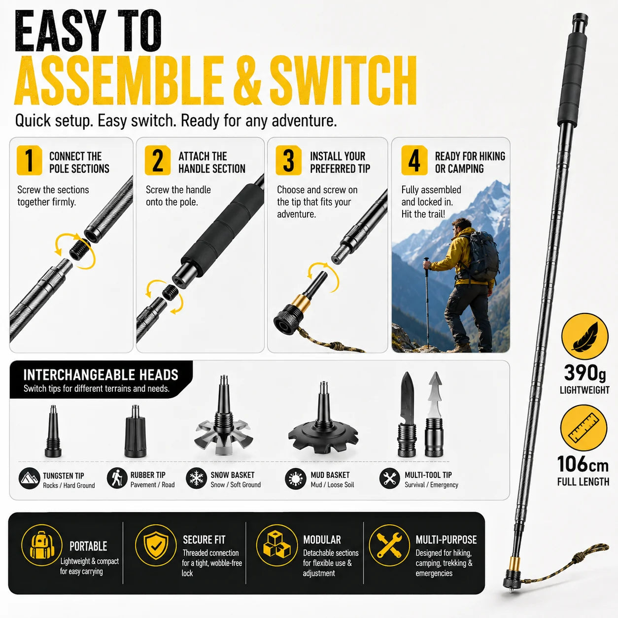 Adjustable 106CM Outdoor Walking Stick, Telescopic Lightweight Hiking Trekking Pole, Non Slip Comfort Grip Travel Camping Equipment, Durable Portable Climbing Support Tool for Outdoor Adventures & Daily Walks
