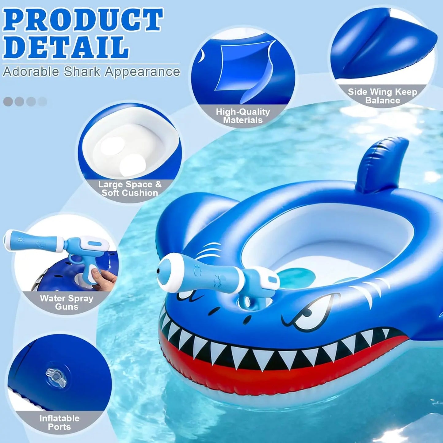 Altrek Store 2 Pack Inflatable Shark Pool Floats Kids 3-11 Years, Kids Floaties Swimming Pool Toys with 2 Water Squirt Guns Boys Girls Party Float Ride-on Toddler Floatie with Safety Seat Summer Outdoor Water Game