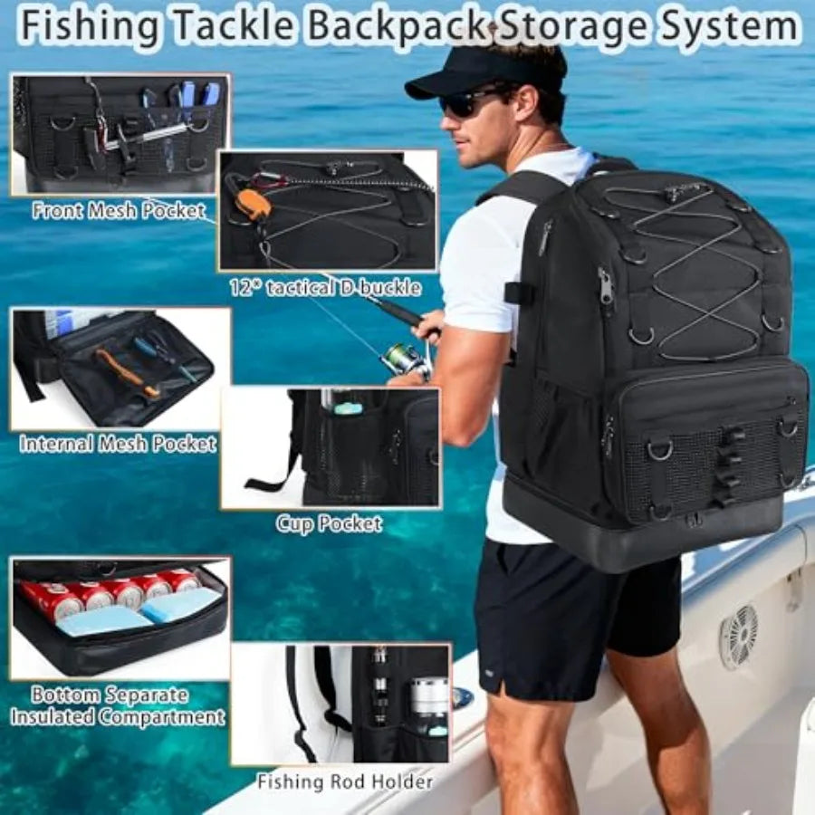 Fishing Backpack with Tackle Boxes and Rod Holder, Cooler, 30L Large Tackle Bag with Fishing Gear Lures Kit, Waterproof Bottom