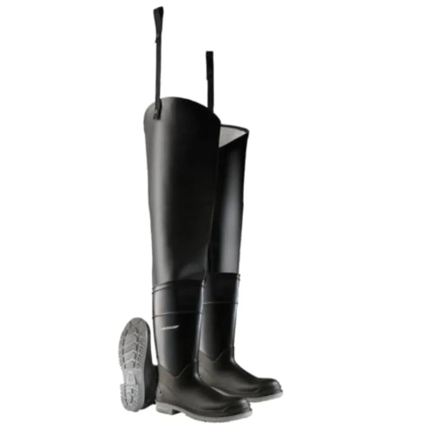 Protective Footwear for wet environments, rubber hip wader with black steel toe cap, durable and waterproof
