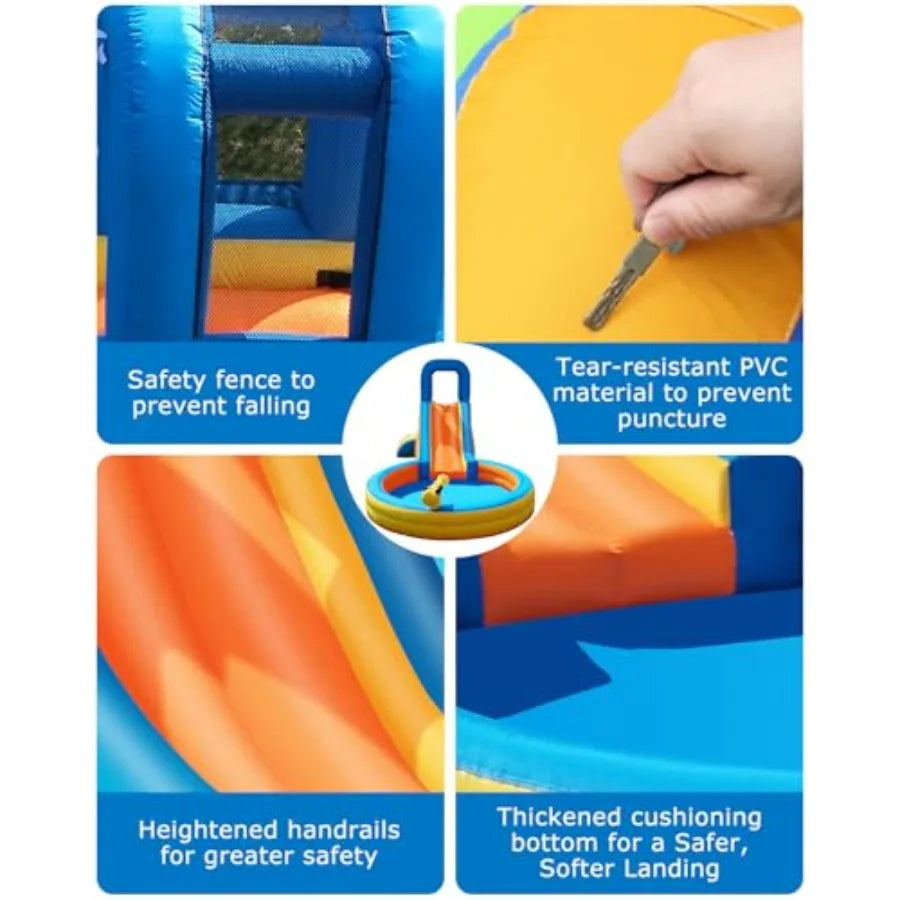 Iatable Water Slide for 5-in-1 Blow Up Bounce House with Long Slide, Climbing Wall, Splash Pool, Water Cannon, Spray Water Spou