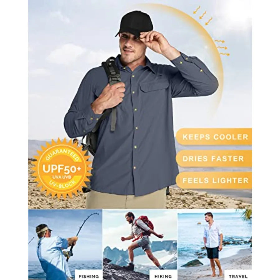 33000Feet Men's Long Sleeve Sun Protection Shirt UPF 50+ UV Quick Dry Cooling Fishing Shirts for Travel Safari Camping Hiking