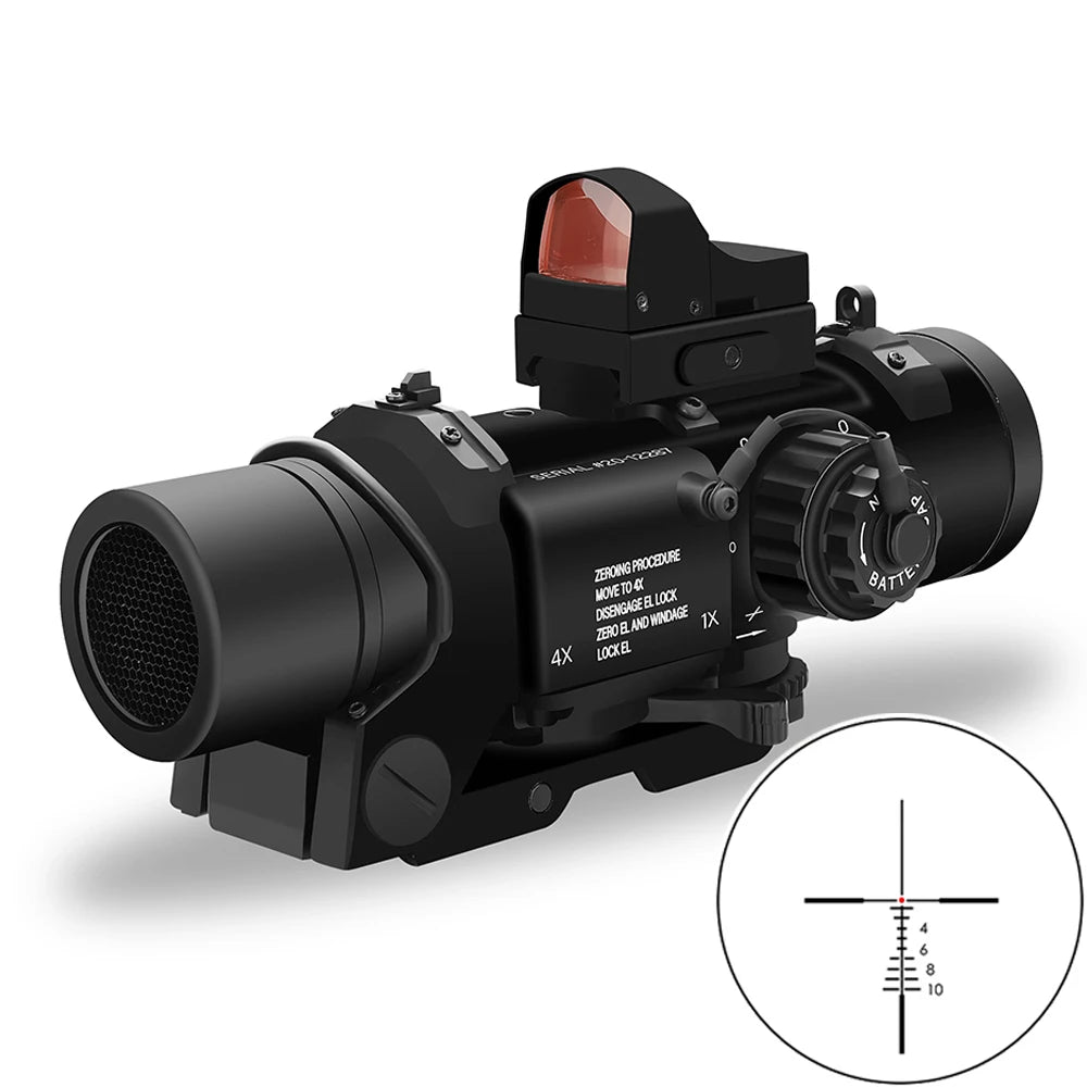 Rifle Scope 1x-4x Fixed Dual Purpose Red illuminated with Mini Red Dot Sight Hunting Scope