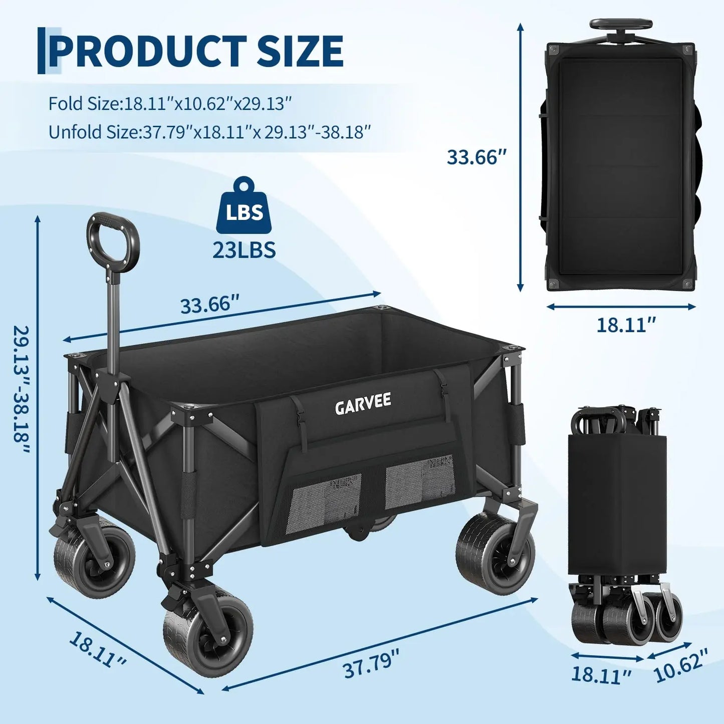 Heavy Duty Foldable Wagon Cart 460lbs 280L With Wide All-Terrain Wheels, Brakes, Cover & Strap For Shopping Camping