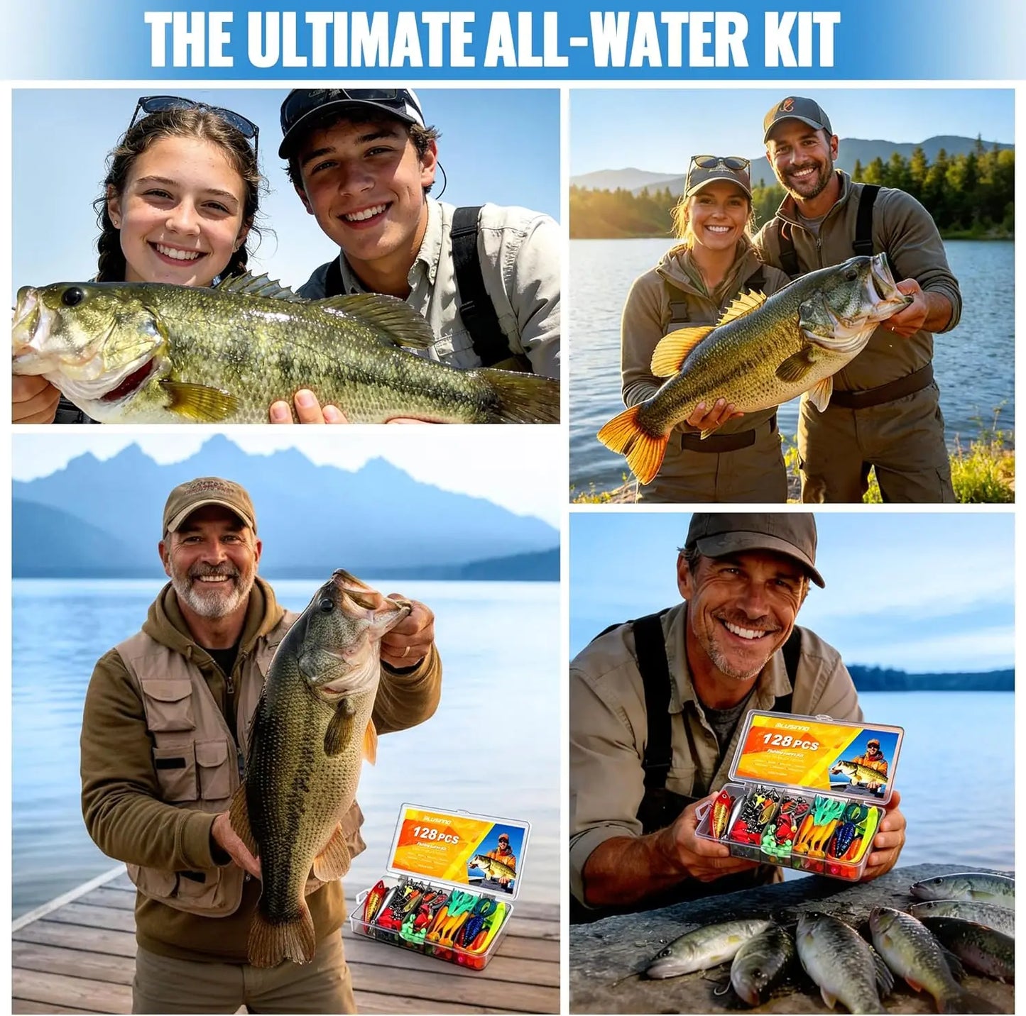 All-in-One Fishing Tackle Box with 128pcs Lures & Accessories Kit for Freshwater Bass Trout, Complete Fishing Gear Set for Men Dad Beginners, Portable Organized Gift