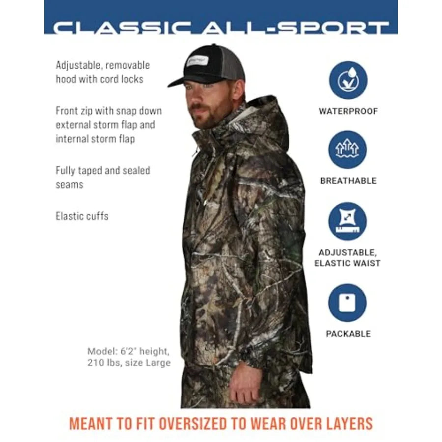 Men's Classic All-Sport 3-Layer Waterproof Breathable Rain Suit for outdoor activities, nylon-polyester blend, black, fully tap