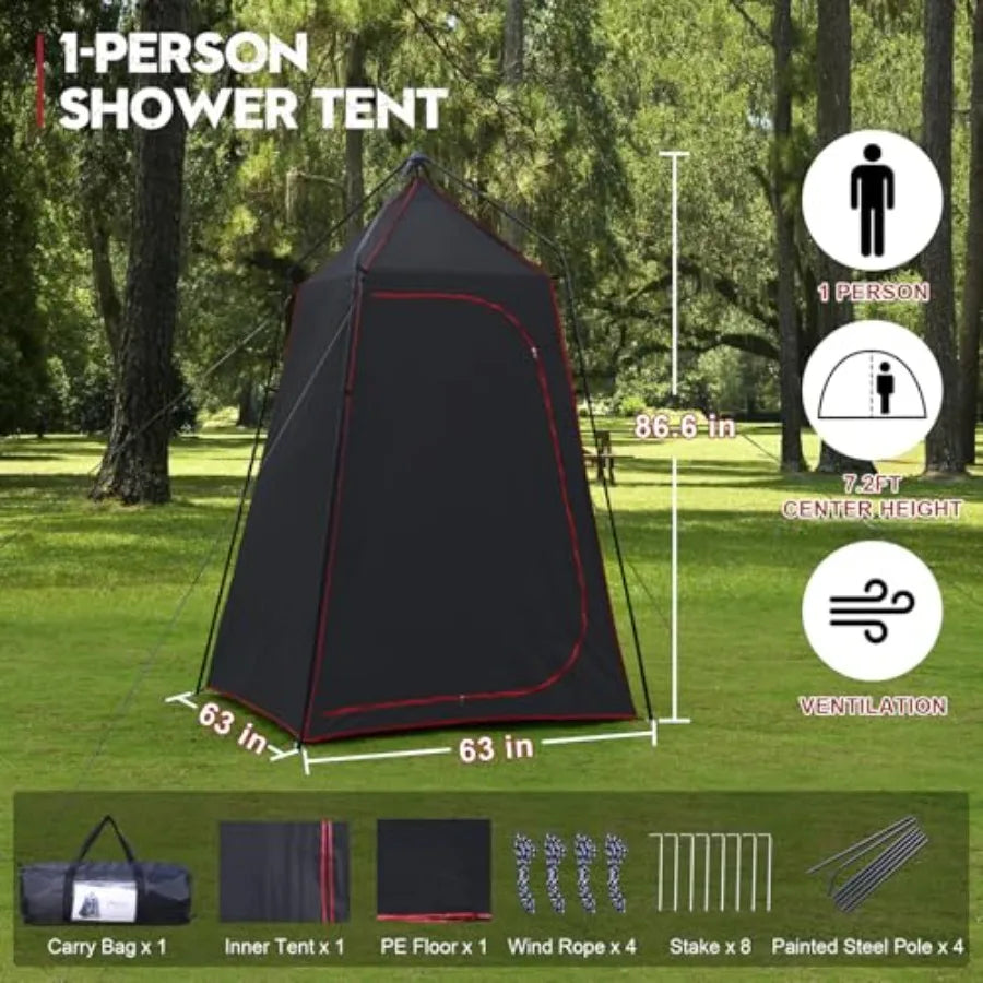 Camping Shower Tent, Portable Outdoor Privacy Shelter for Showering and Changing, 7.2 FT Easy-Setup Toilet Tent with Floor and