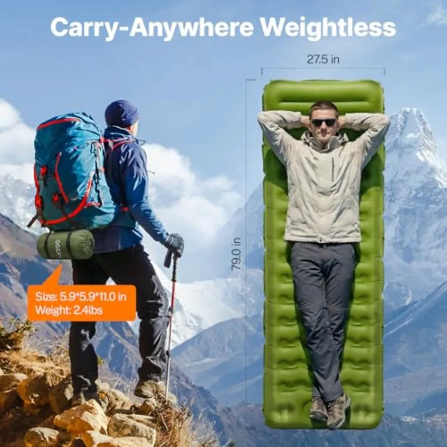 Sleeping Pad, Ultralight Inflatable Sleeping Pad for Camping with Pillow Built-in Feet Pump, 6" Extra-Thick Reinforced Camping