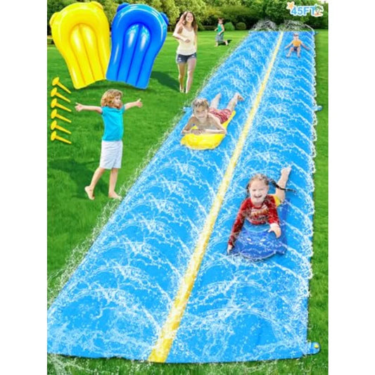 45Ft Huge Slip and Water Slide with Sprinkler Heavy Duty Lawn Waterslide for Adults Extra Long Double Lane Water Toys with 2 Bo