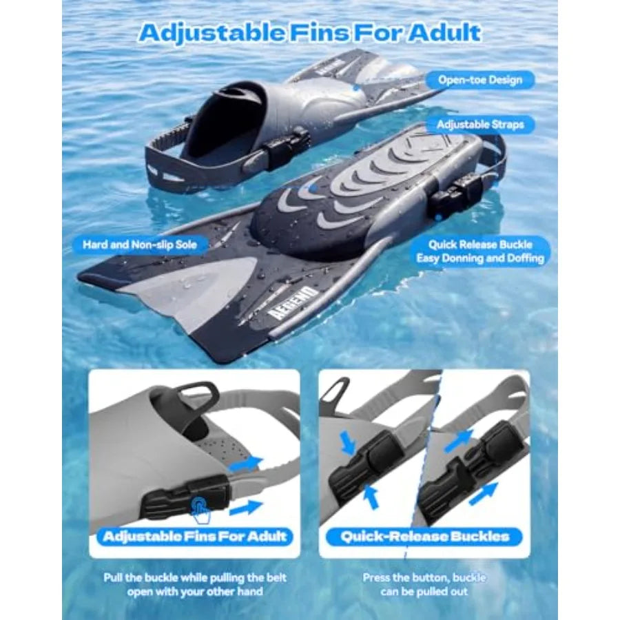 Snorkeling Gear for Adults Men Women: Anti-Fog Panoramic Mask Set, Adjustable Fins and Dry Top Snorkel All-in-One Travel Snorke