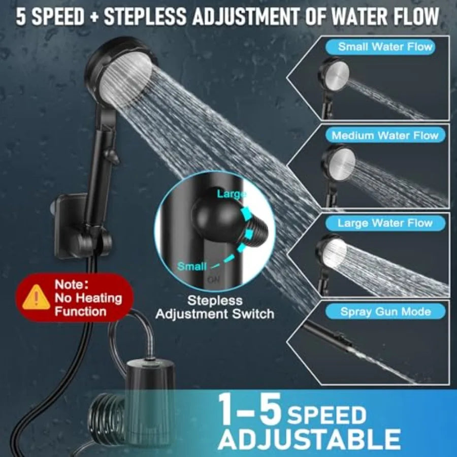 Portable Shower for Camping Essentials: 10000mAh Rechargeable Battery Powered Shower, IPX8 Waterproof Camp Shower Pump, 5-Speed