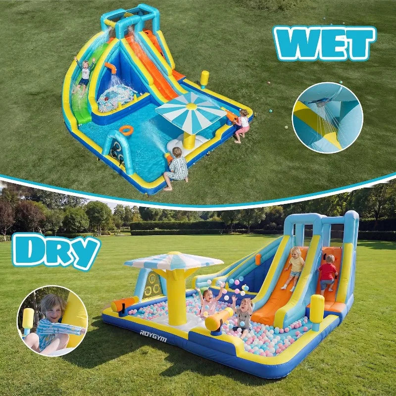 Inflatable Water Park for Kids, 16.4 ft × 14.1 ft Large Backyard Water Slides with Dual Slides, Dual Water Guns & Climbing Wall