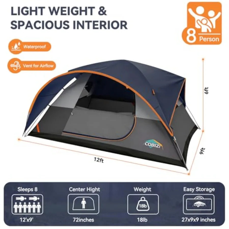 Camping tent for family use, polyester fabric, green, spacious interior with 3500mm waterproof double-layer windproof design
