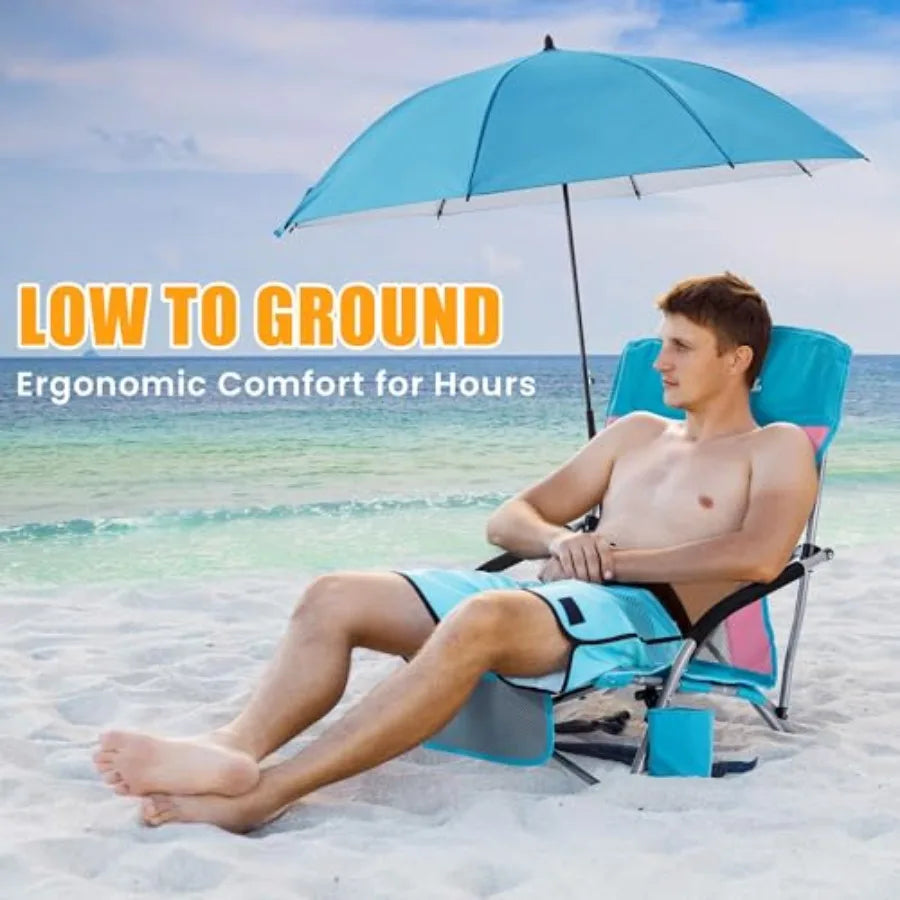 Folding Beach Chair with Umbrella for Adults, 2 Pack Portable Low Beach Chairs, 300lbs Capacity, Lightweight Foldable Camping C