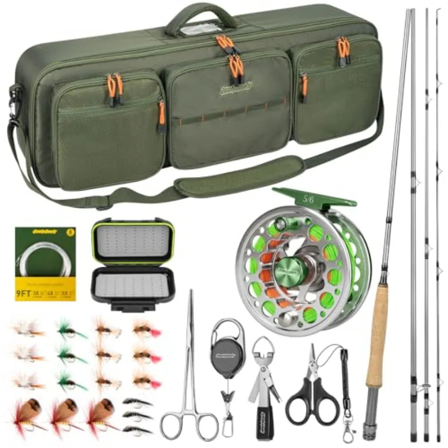 Rod Combo Starter Kit Carbon Fiber Trout Travel Rod with Reel, Fly Rod case, Fly Box, Flies, Tapered Leader, Knot Tying Tools