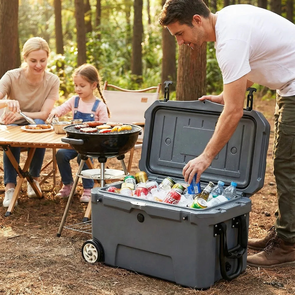 52 Quart Portable Hard Cooler 6-Day Ice Retention Wheels Gray Chest Outdoor Box