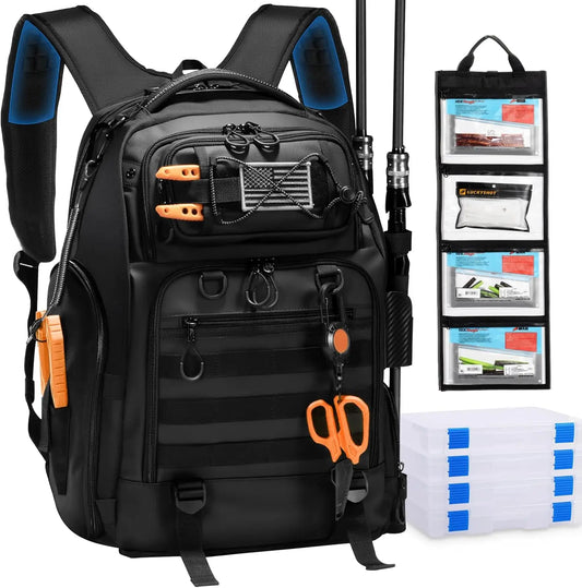 50L Fishing Tackle Backpack with Removable Lure Wraps,Include (4) 3600 Tackle Boxes, 2 Rod Holders
