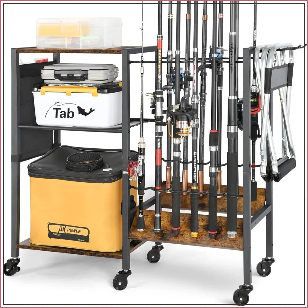 Rolling Fishing Rod Rack for Garage & Boat, Tackle Box & Reel Holder Cart, Easy Assembly Fishing Gear Management, Birthday Gift for Men Dad Anglers