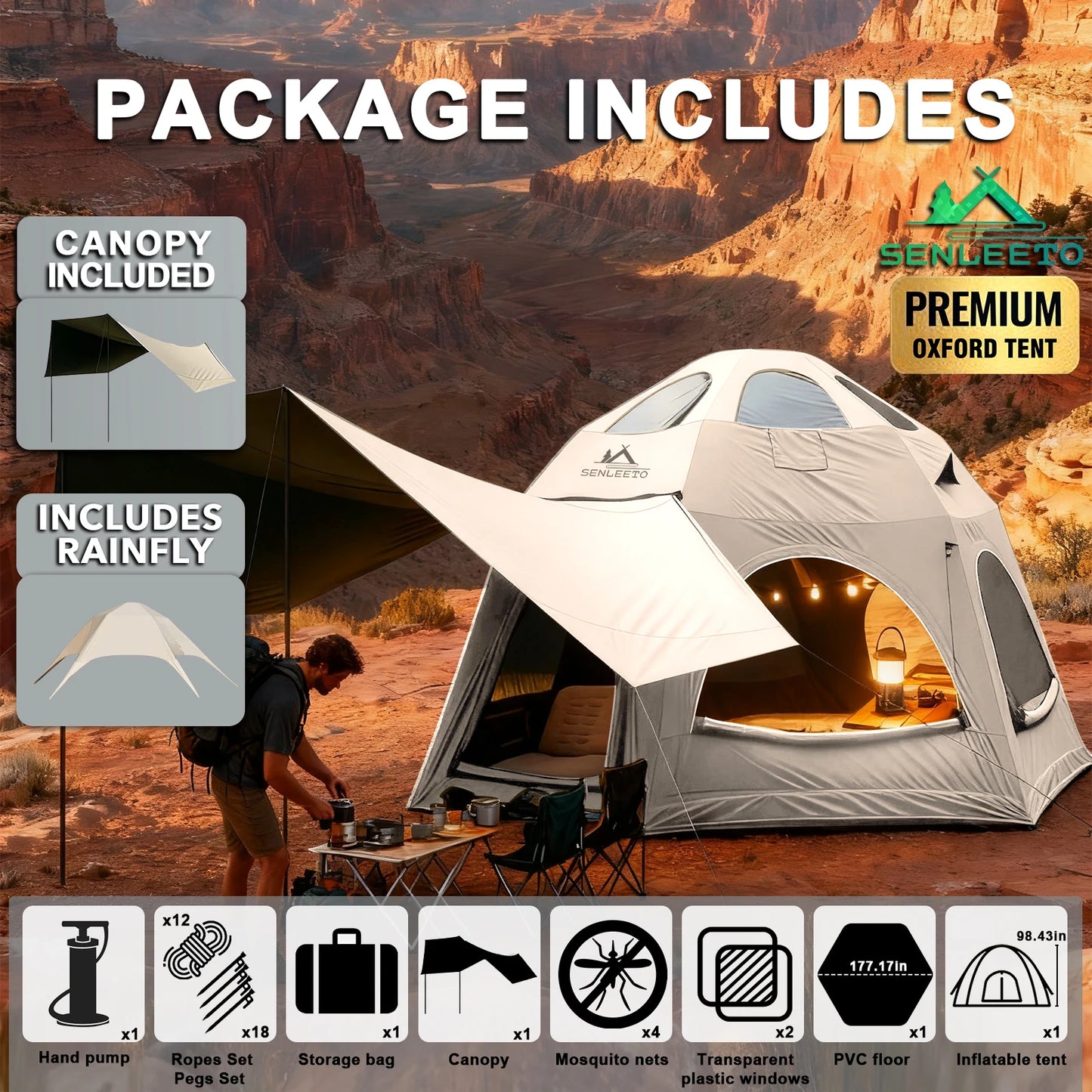 SENLEETO Inflatable Tent Glamping Dome Tent 420D Oxford Large Family Camping Tent with Rainfly Extension All Around View Luxury Outdoor House Tent