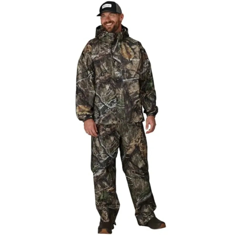 Men's Classic All-Sport 3-Layer Waterproof Breathable Rain Suit for outdoor activities, nylon-polyester blend, black, fully tap