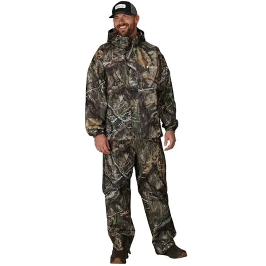 Men's Classic All-Sport 3-Layer Waterproof Breathable Rain Suit for outdoor activities, nylon-polyester blend, black, fully tap
