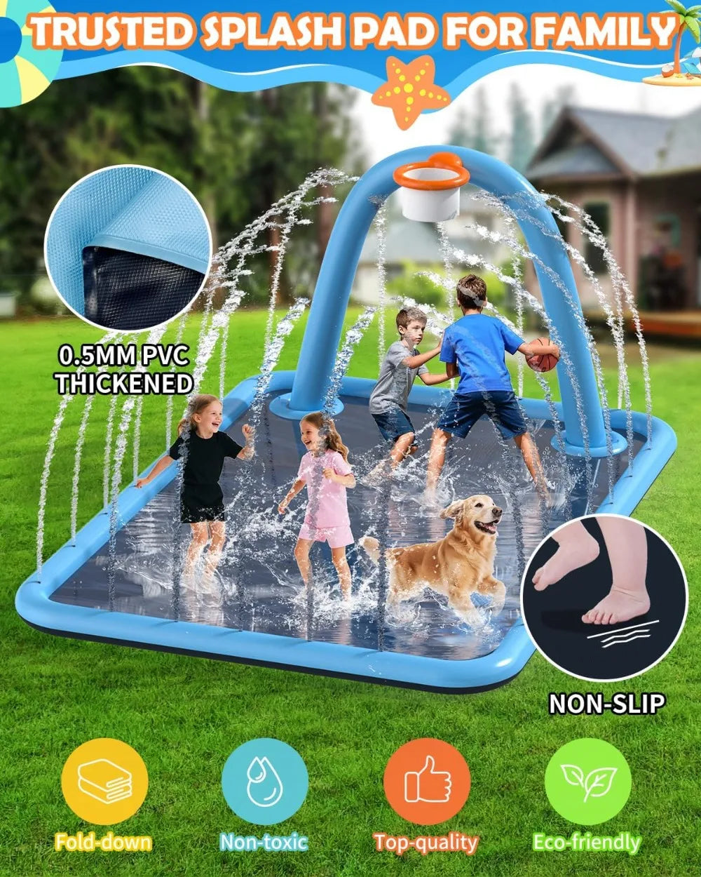 110'' Large Splash Pad with Basketball Hoop, Non-Slip Sprinkler Mat, Foldable Outdoor Summer Water Toys