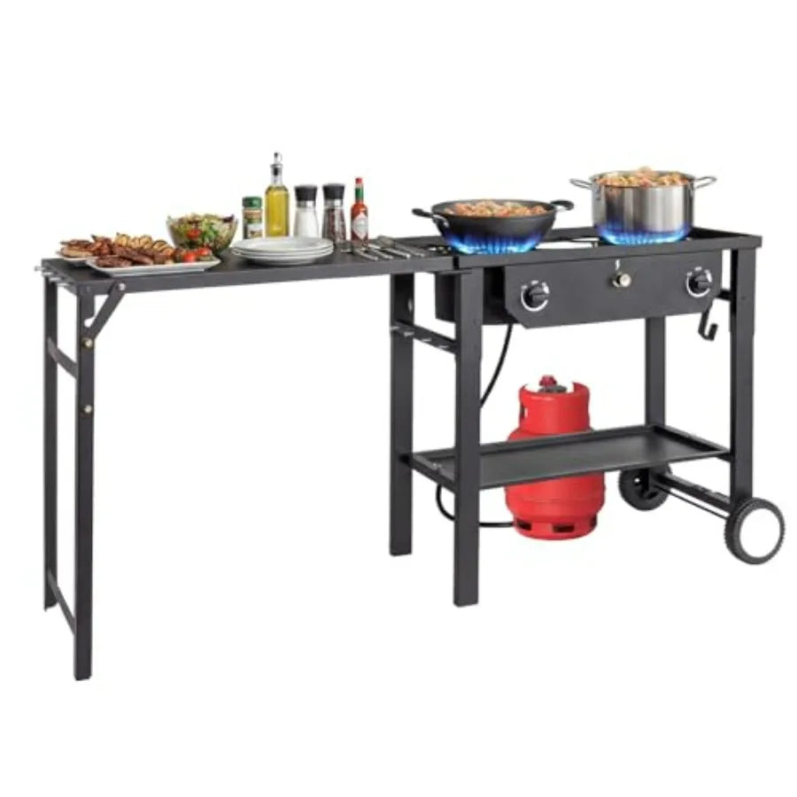Outdoor propane stove for backyard patio cooking BBQ, stainless steel, black, 150, 000 BTU with auto ignition, work station, wh