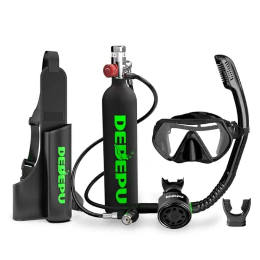 Mini scuba tank for snorkeling and shallow diving, aluminum alloy, black, 1L capacity with integrated snorkel mask, 15-20 min a