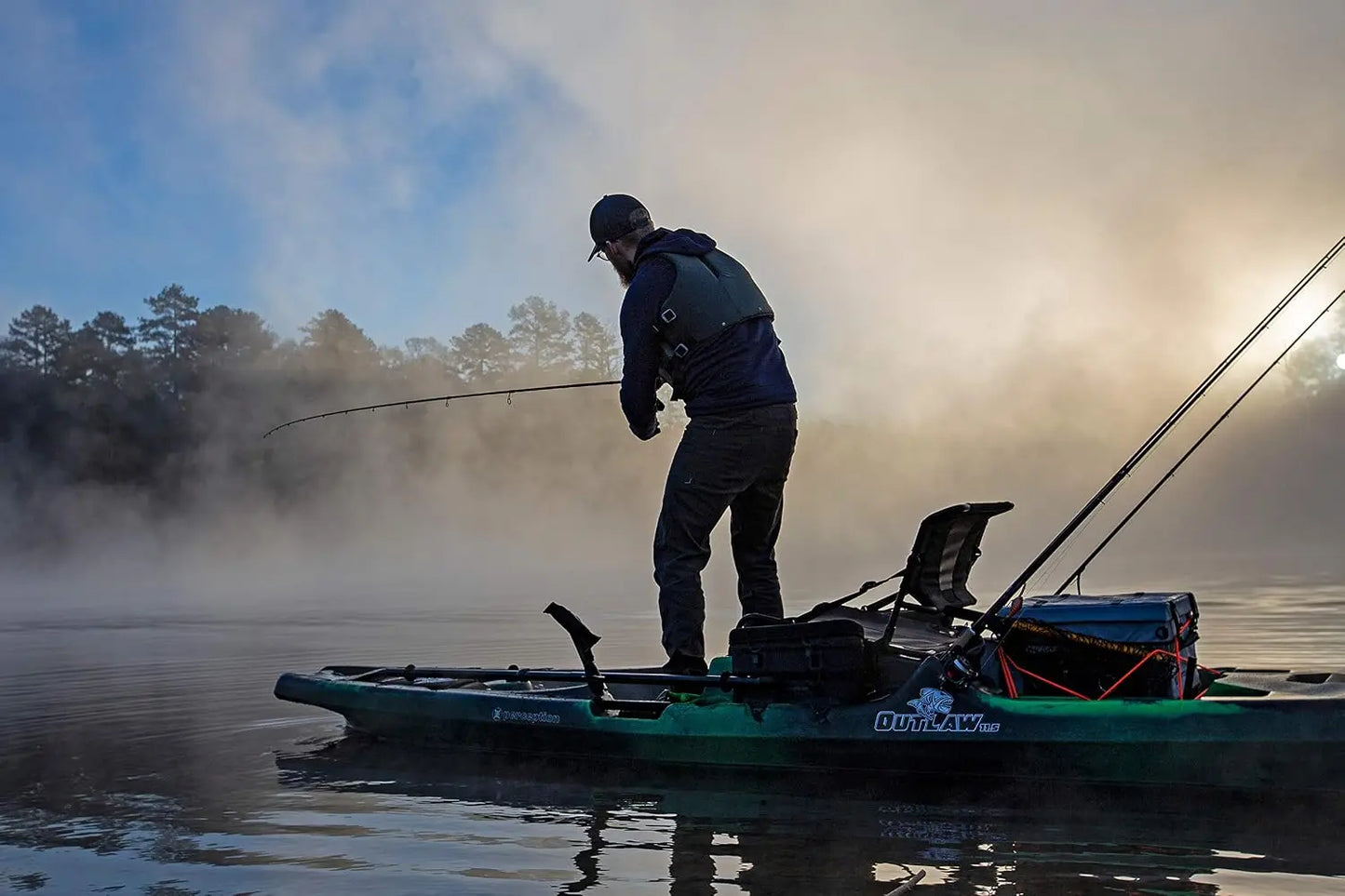 Perception Kayaks Outlaw 11.5 | Sit on Top Fishing Kayak | Fold Away Lawn Chair Seat | 4 Rod Holders | Integrated Tackle Trays | 11' 6"