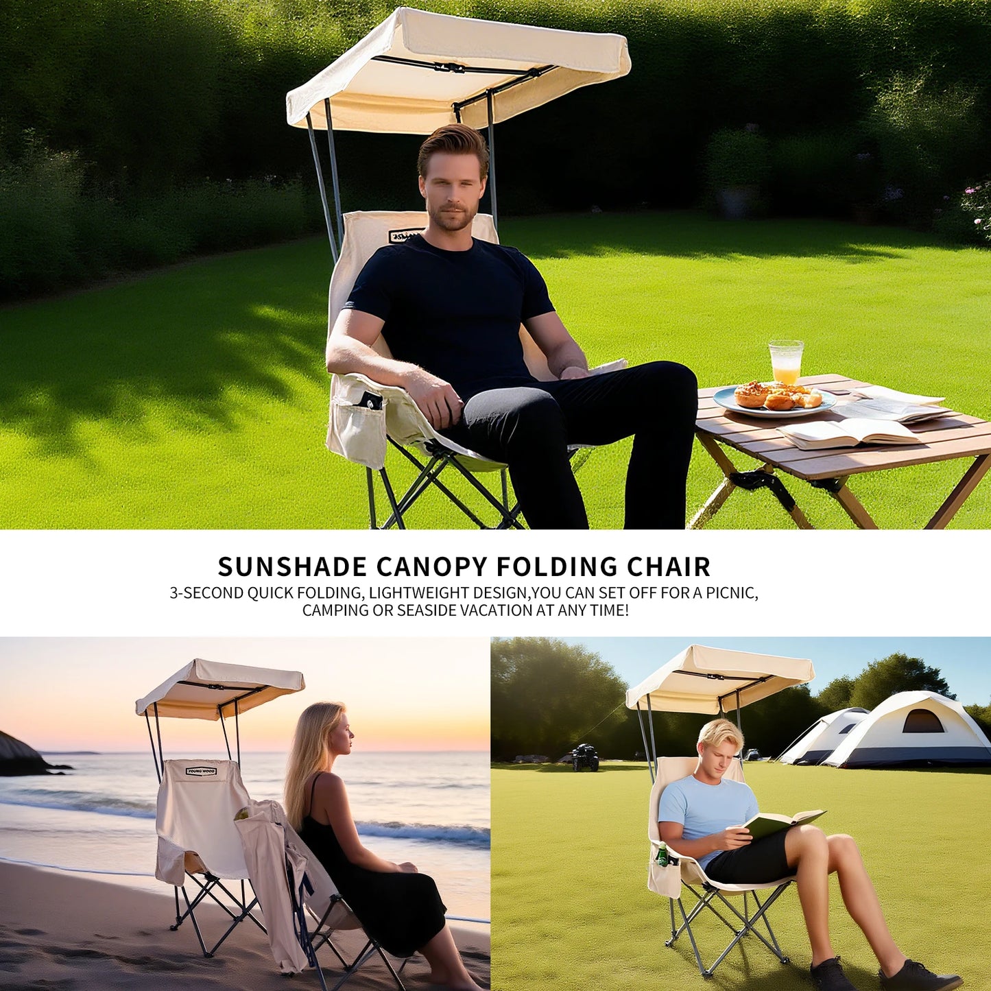 2PC Fold Lightweight Oversized For All YOUNG WOOD Portable Camping Chair Beach Chair With Shade Canopy, Easy To Open And Close