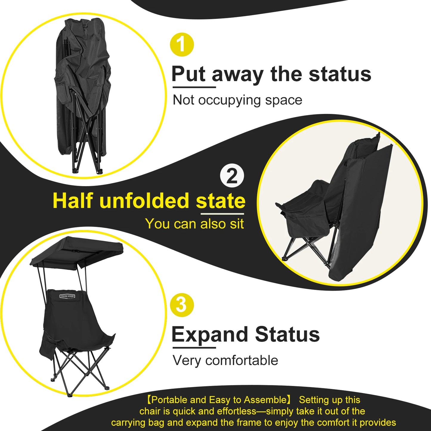 Camping Chair Beach Chair With Shade Canopy YOUNG WOOD Portable , Fold Lightweight Oversized For All, Easy To Open And Close