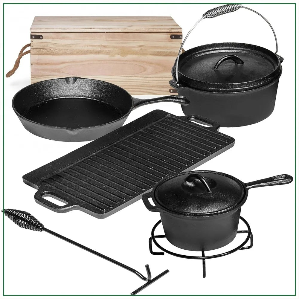 Camping Cook Set of 7 Pre-Seasoned Cast Iron Pots Pans Dutch Oven with Lids Outdoor Campfire Grill Skillet Set with Storage Box