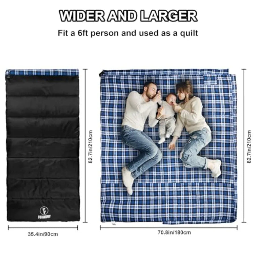 Flannel Sleeping Bag Cold Weather for Adults XL Camping Cotton Sleeping Bag 4 Season Big and Tall, Waterproof with Compression