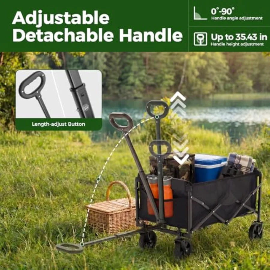Collapsible Wagon Cart for Beach Garden Sports Grocery Camping, Heavy Duty Steel Frame, Black, 220 lbs Capacity Flexible Handle
